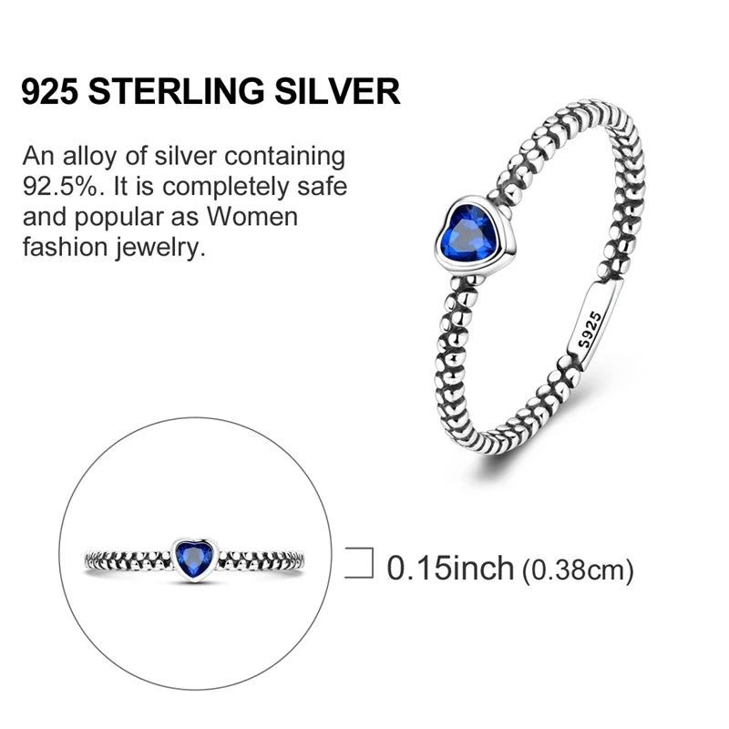 VAMO Original 925 Sterling Silver Woman Ring Vintage Dew Pearl Blue Heart Rings Sparkling Wedding Ring Girls Jewelry Anniversary