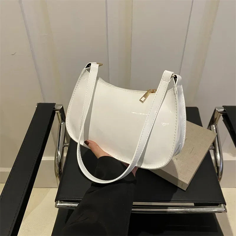 Vintage Wine Red Patent Leather Glossy Underarm Bag 2024 New Minimalist Lady Zipper Shoulder Bag Elegant Versatile Handbag Trend