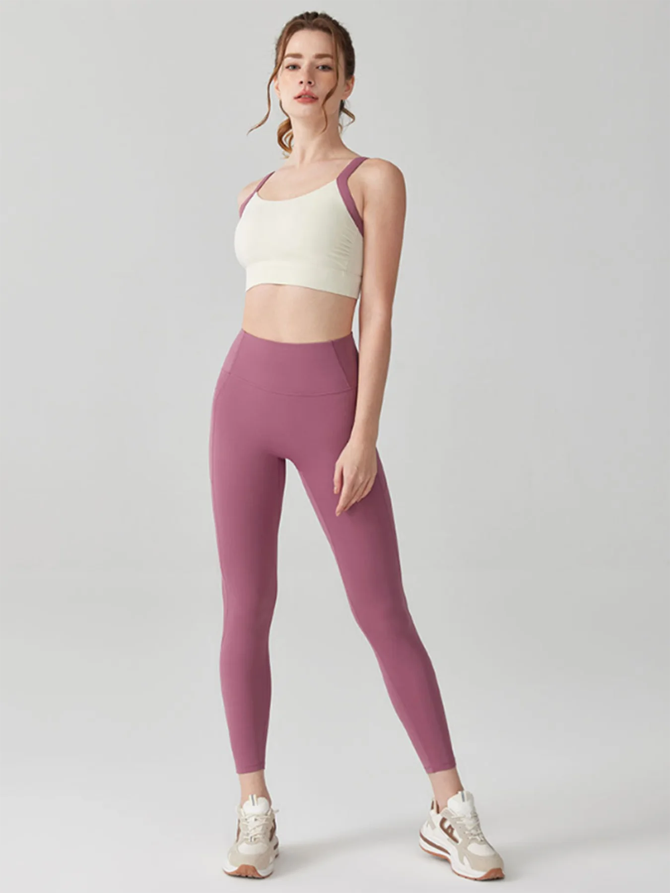 High Intensity Color Blocking Cross Back Integrated Yoga Set 2PCS Sports Underwear High Waist and Hip Lifting Fitness Leggings