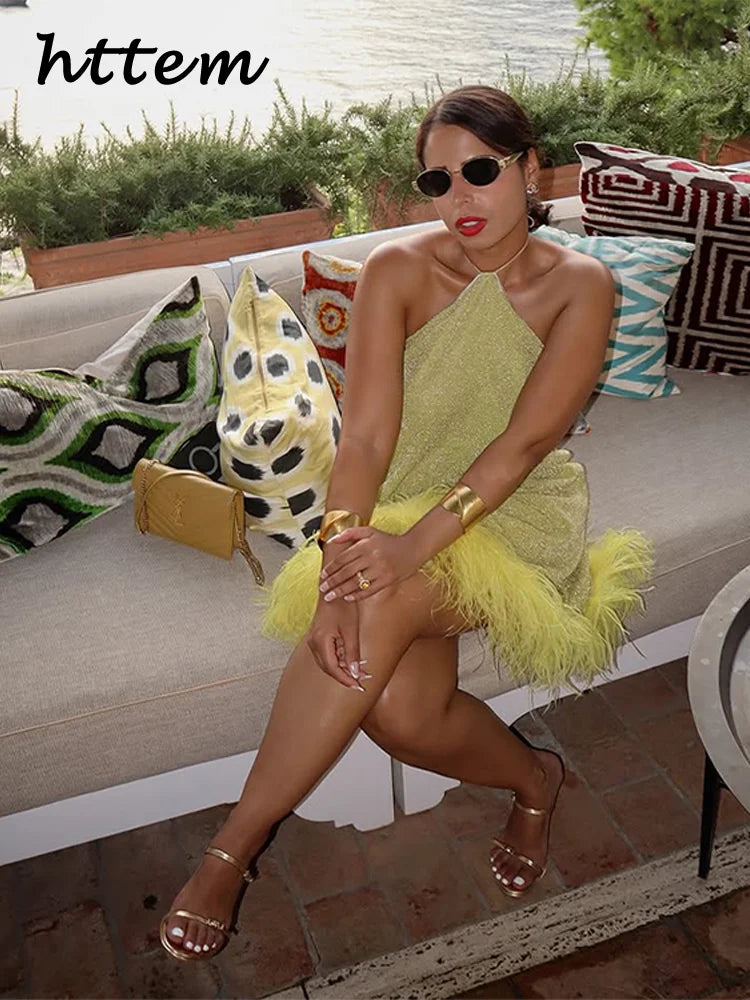 Sexy Feather Glitter Halter Short Dress Women Sleeveless Backless Yellow Female Party Dresses 2025 Summer Lady Beach A-line Robe