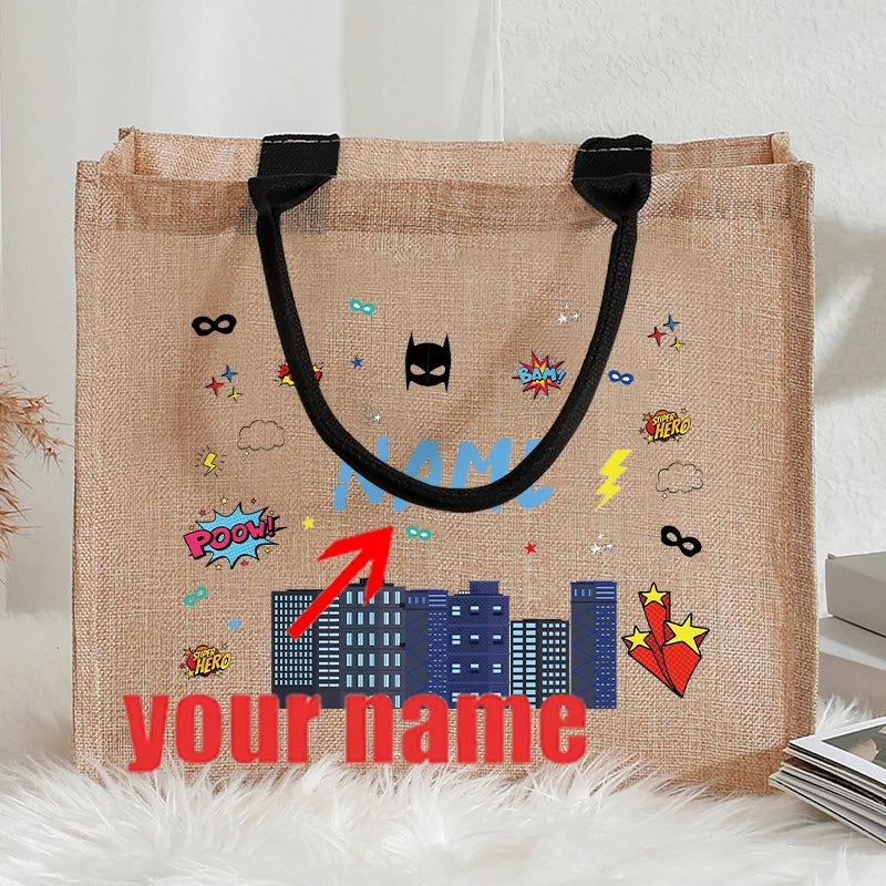 Customizable Name Pastel Dinosaur Vintage Circus Sea Animal Patterns Jute Tote with Hand Shopping Bag for Childrens Friends Gift