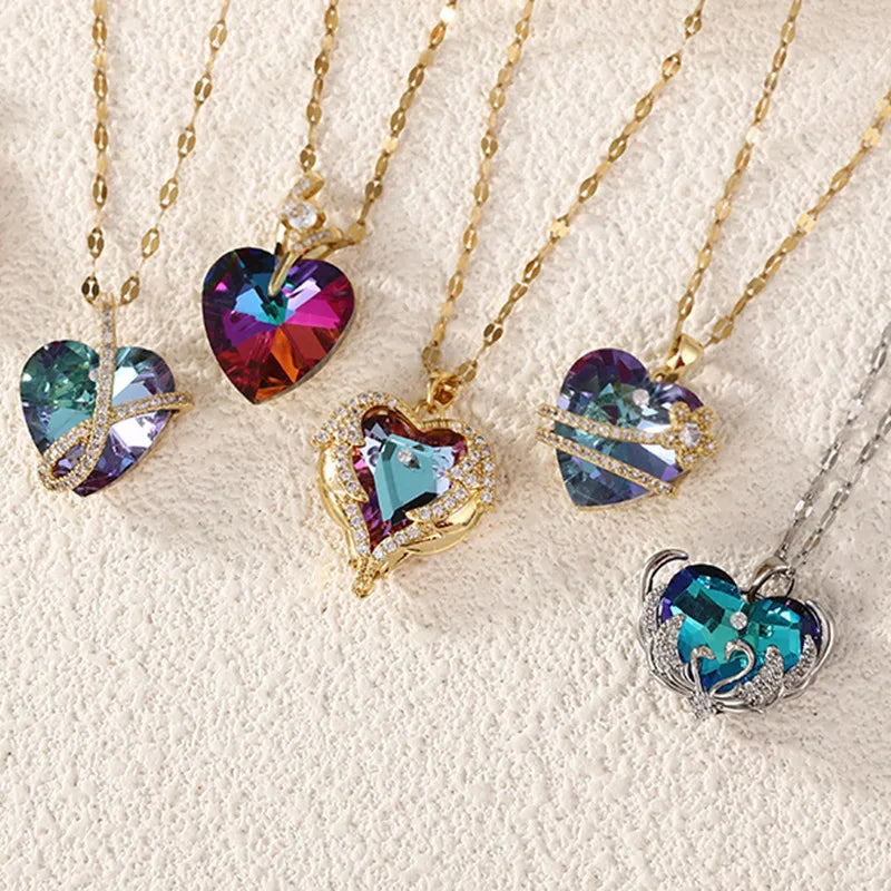 Versatile crystal necklace heart-shaped pendant collarbone chain ins jewelry woman bijoux acier inoxydable collar y2k accessorie