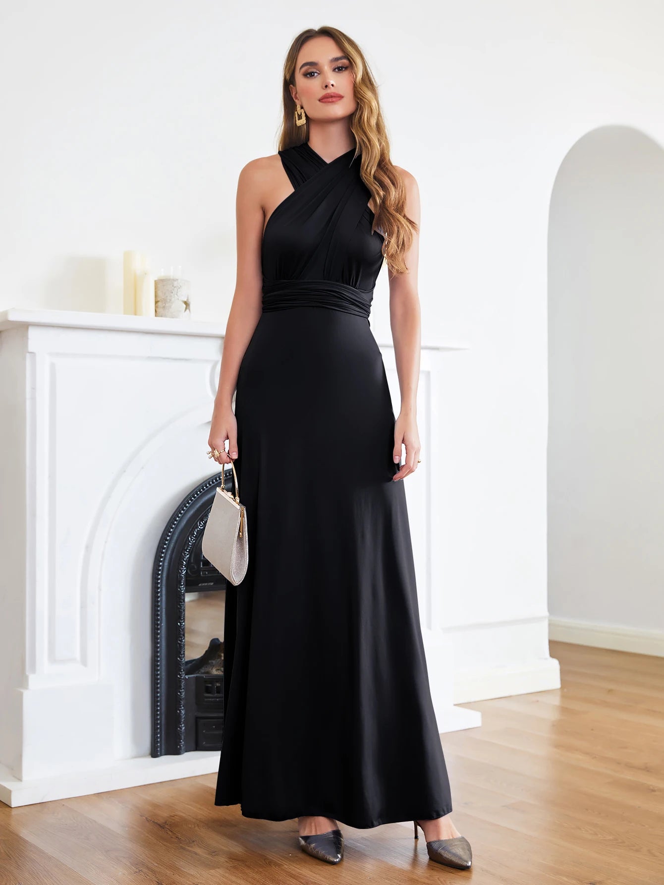 BABYONLINE Sexy Bridesmaid Dress Infinity Style Convertible Halter V neckline Gown Sleeveless Multiway Wrap Changable Guest Gown