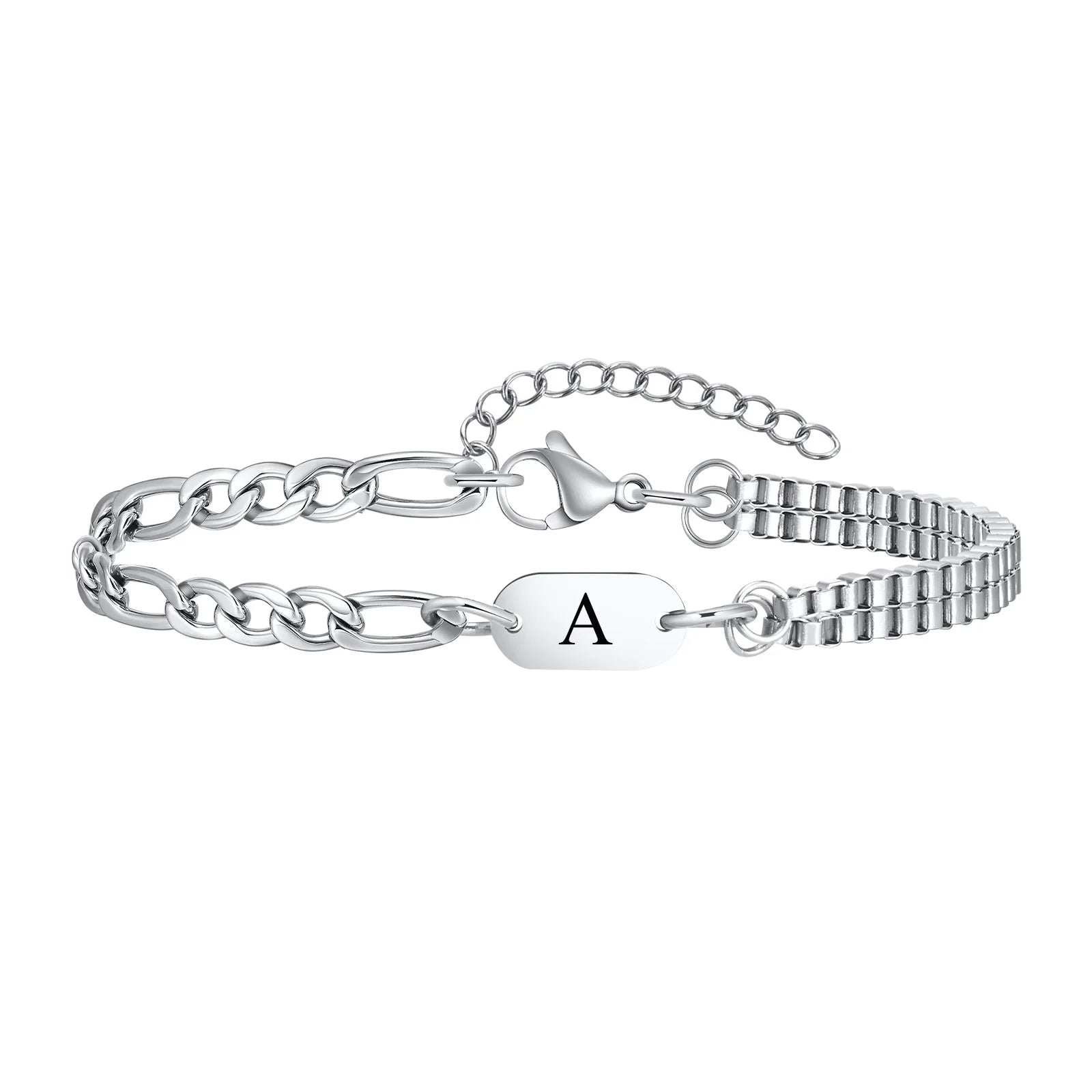 Vnox A-Z Initial Bracelets for Men Women, Never Fade Figaro Chain, Double Layered Box Link Chain Bracelets, Name Gift for Him