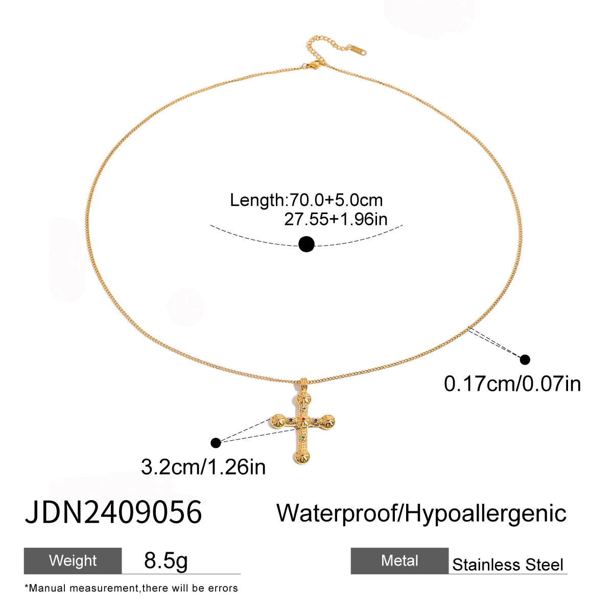 Youthway New Design Gold Plated Colorful Zircon Cross Pendant Necklace For Unisex Waterproof Stainless Steel Jewelry Accessory