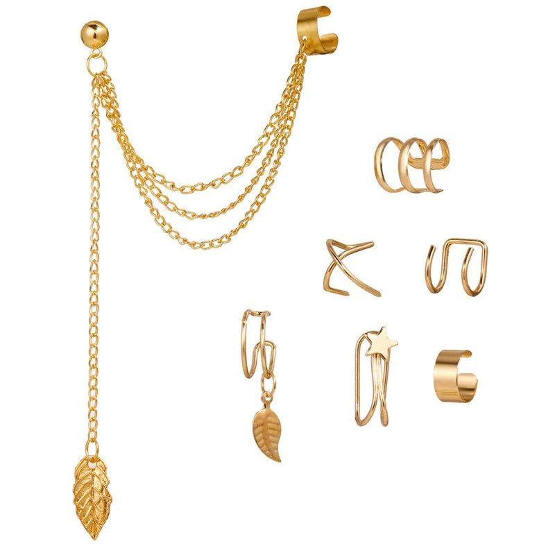 KOTiK 2024 New Gold Silver Color Leaves Clip Earrings for Women Fashion Ear Cuff Non-Piercing Earrings Set Trend Jewelry Gift