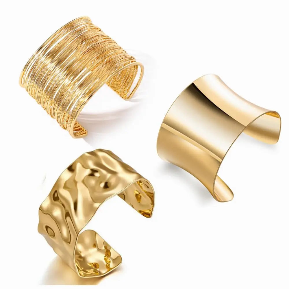 FTCY 3PCS Chunky Gold Color Cuff Bracelets for Women Irregular Minimalist Bangle Bracelets Set Open Wide Bangle Arm Cuff Jewelry