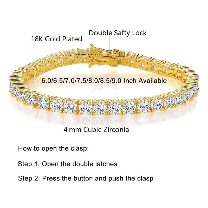 18K Gold Plated 3mm 4mm Tennis Bracelet Full Diamond 925 Silver Plated 18k Wedding Party Jewelry Bracelets for Women Man