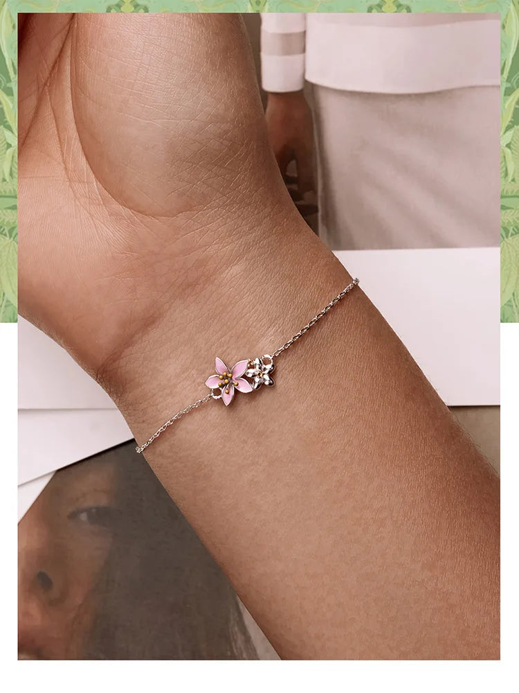 WOSTU 925 Sterling Silver Original Pink Sakura Bracelet Adjustable MINI Bracelet Chain Link Fit MINI Pendant Fashion Jewelry