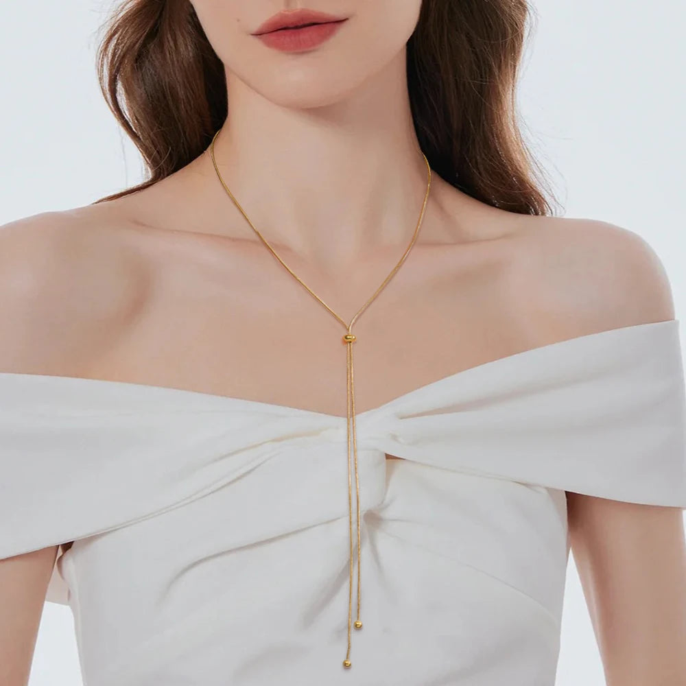 Teamer Long Snake Chain Round Bead Necklace Stainless Steel Gold Color For Girls Women Minimalist Trendy Simple Jewelry Gift