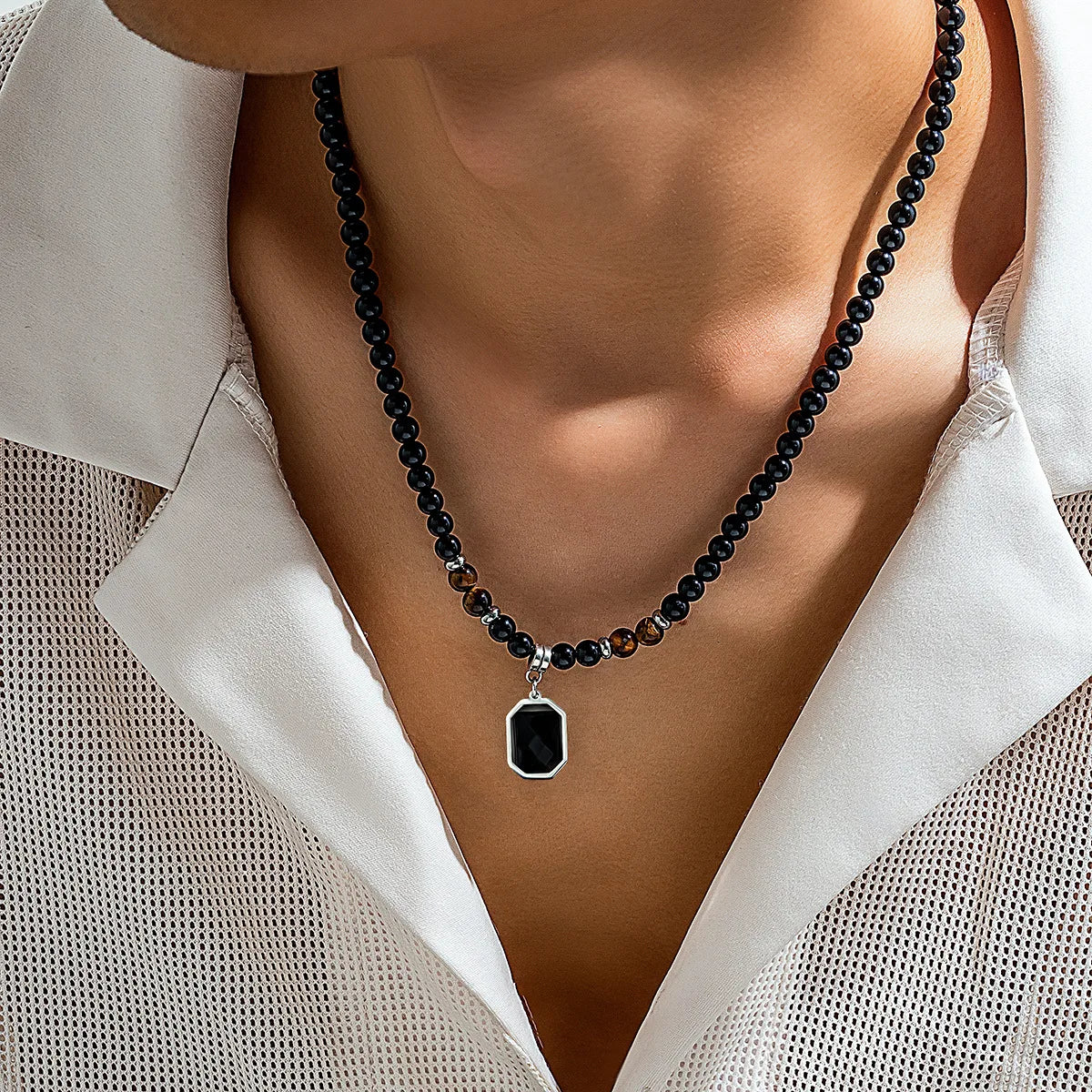 HNSP Black Crystal Pendant Bead Rosary Necklace For Men Jewelry Accessories