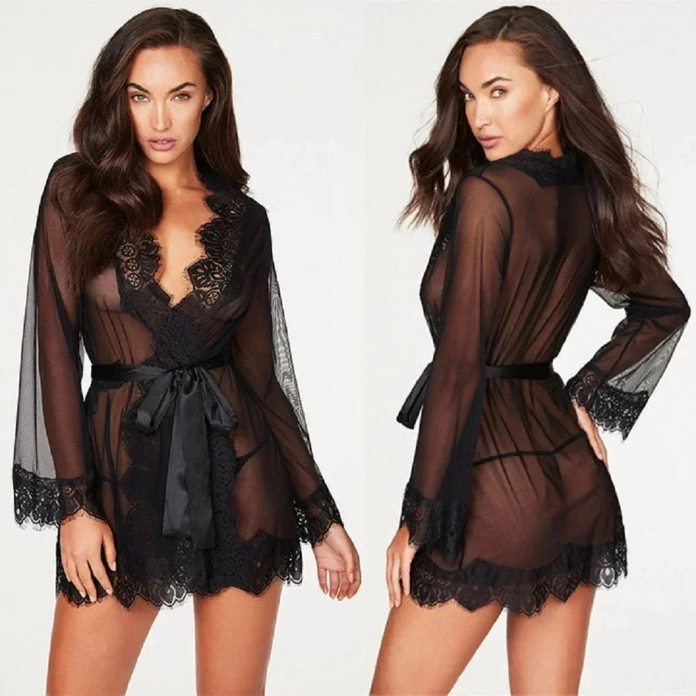 Sexy Lace Robe Dress+G String Thongs Women Erotic Transparent Sleepwear Pajamas Lace Nightdress Mujer Pornos Costumes Underwear
