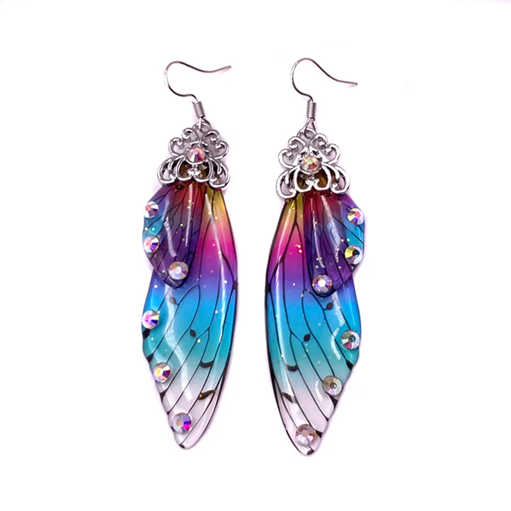 Handmade Fairy Simulation Wing Earrings Insect Butterfly Wing Drop Earrings Foil Rhinestone Earrings Romantic Bridal Jewelry