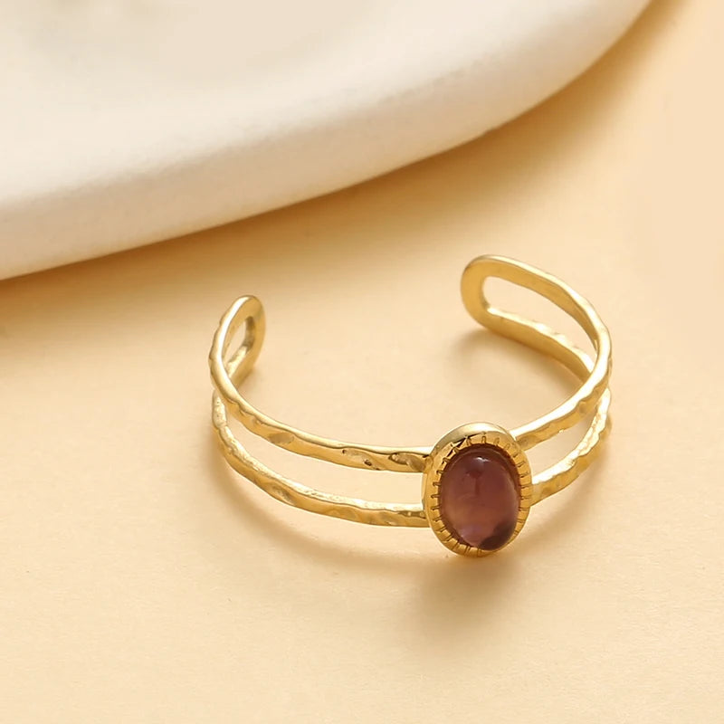 Inlaid Natural Stone Stainless Steel Engagement Rings for Women Adjustable Opening Simplicity Vintage Ring Fashion Jewelry