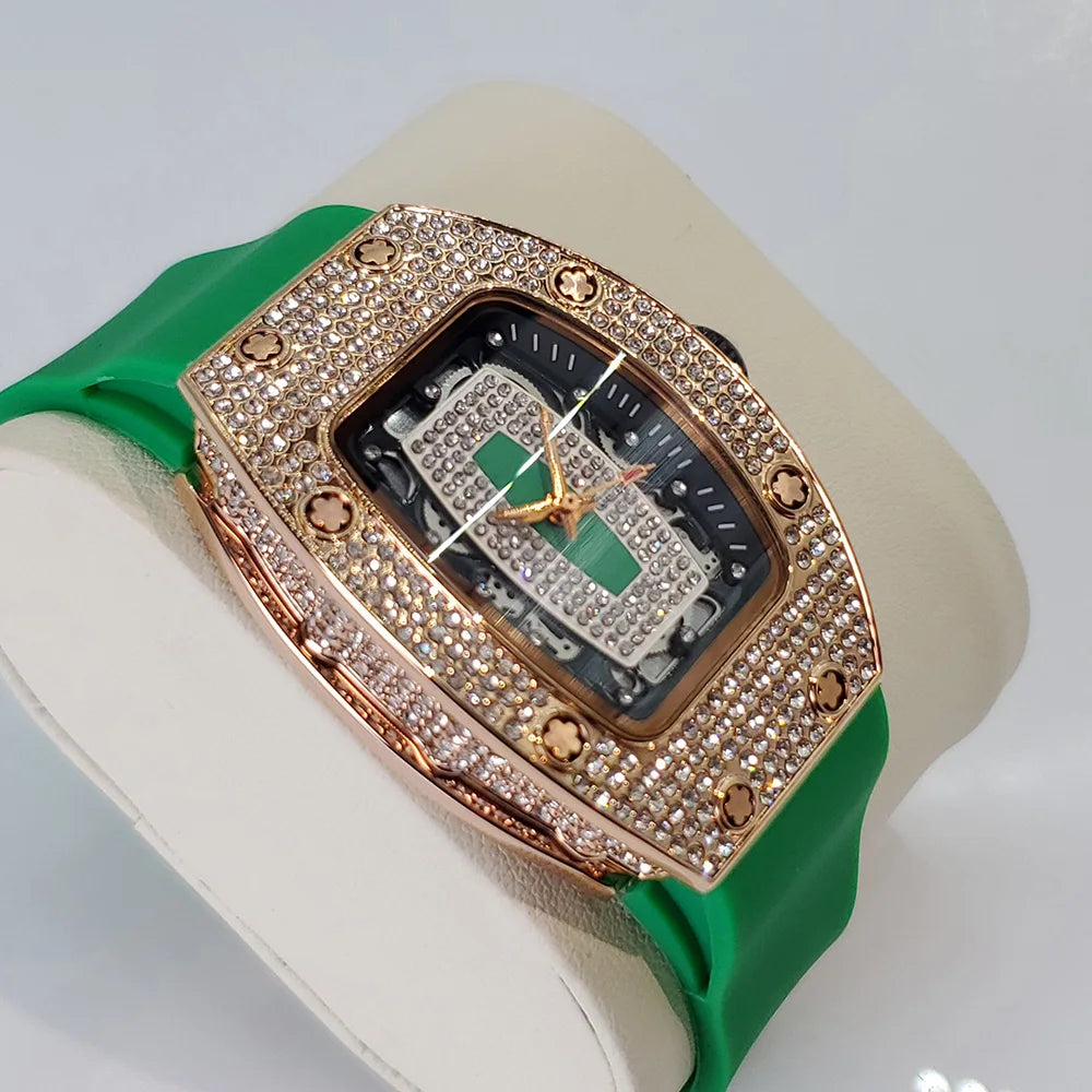 Luxury Diamond Watch For Women Elegant Tonneau Original Design Watches Fashion Ice Out Sport Rubber Strap Waterproof Mille Clock
