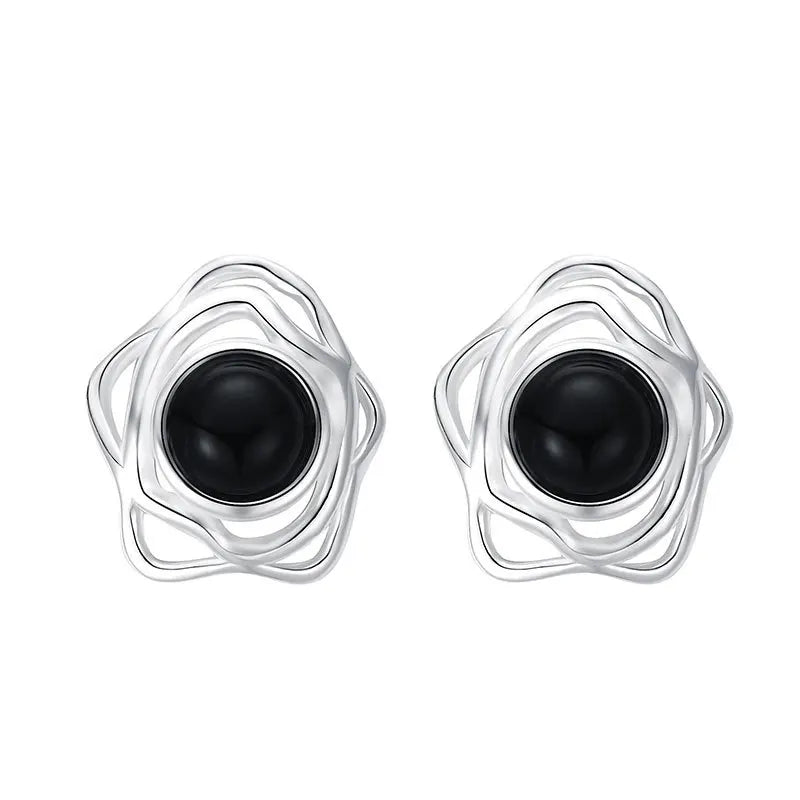 925 Sterling Silver Stud Earrings with Natural Onyx Stone Black and White Irregular Geometric Arc Design Stud Earrings for Women
