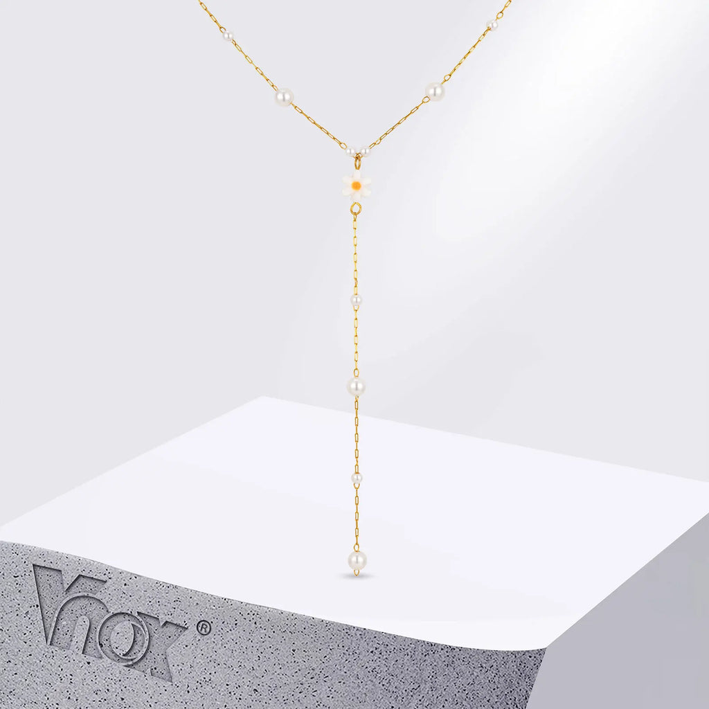 Vnox Flower Pearls Long Chain Drop Necklace For Women, Stainless Steel Waterproof Layered Jewelry, Light Luxury Collarbone Chain