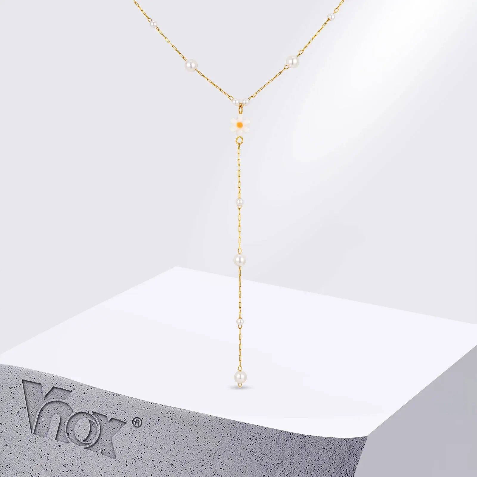 Vnox Flower Pearls Long Chain Drop Necklace For Women, Stainless Steel Waterproof Layered Jewelry, Light Luxury Collarbone Chain