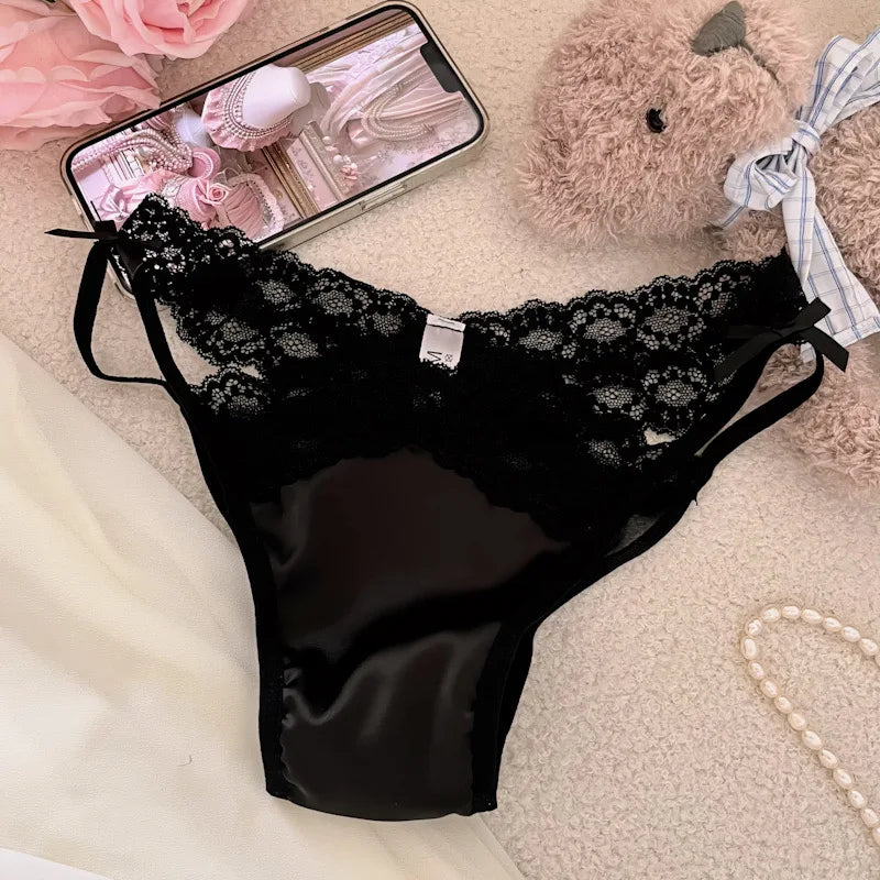 Cross Belt Lace Transparent Sexy Women's Underpants Low Waist Mesh Hollowed Bow Panties Cotton Crotch Breathable Briefs Lingerie