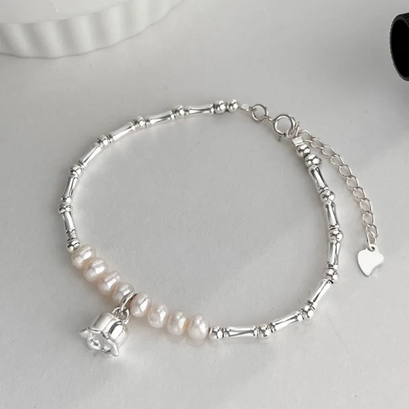 New 925 Silver Geometric Bead Pearl Punk Irregular Asymmetric Adjustable Bracelet For Woman Girl Fashion Jewelry Gift Dropship