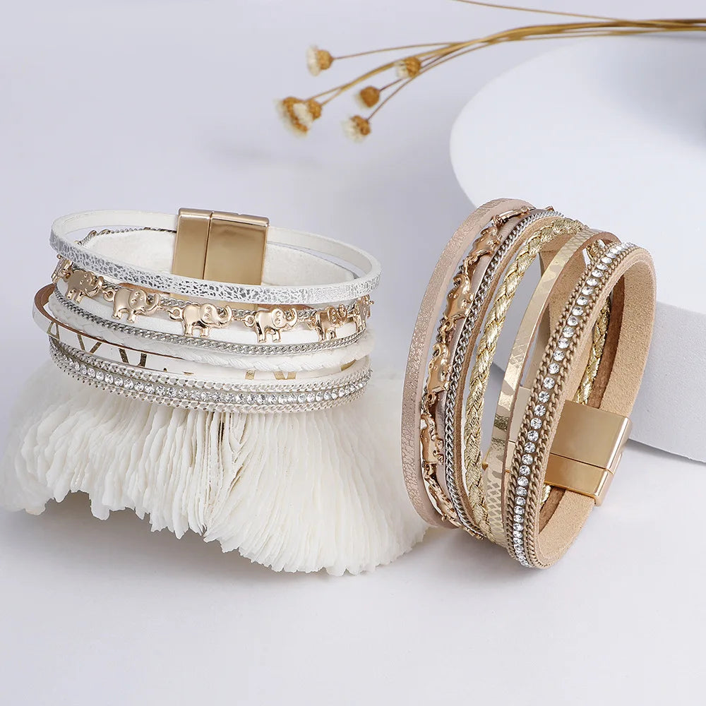 Fashion Elephant Pendant Hand-woven Leather Bracelet Ladies Ins Style with Rhinestone Magnet Clasp Bracelet
