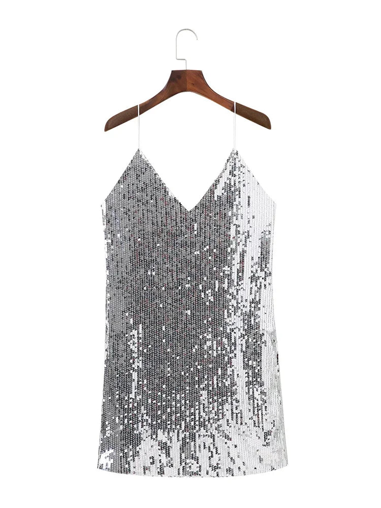 Deep V Neck Autumn Silver Sequined Backless Sexy Dress Women Off Shoulder Mini Dress Christmas Party Club Strap Dresses Vestidos