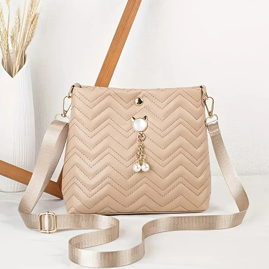 Elegant Quilted Crossbody Bag Stylish Women's Shoulder Purse Featuring Cat Pearl Pendant Ideal Valentine's Gift Novelty Purse