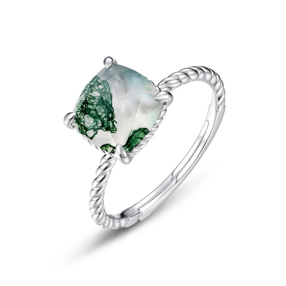 WES 925 Sterling Silver Open Ring for Woman Classic Unique Green Moss Agate Crystal Ring Engagement Gift Wholesale Oval Cut