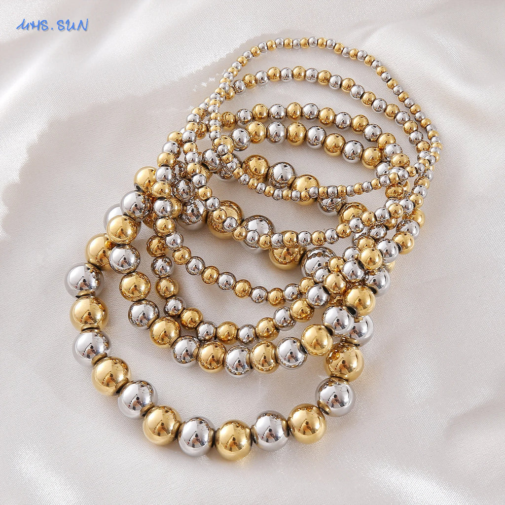 MHS.SUN Fashion Waterproof Smooth Stainless Steel Bracelets 2-10mm Elastic Beaded Gold Plated Stackable Bracelet Women Jewelry