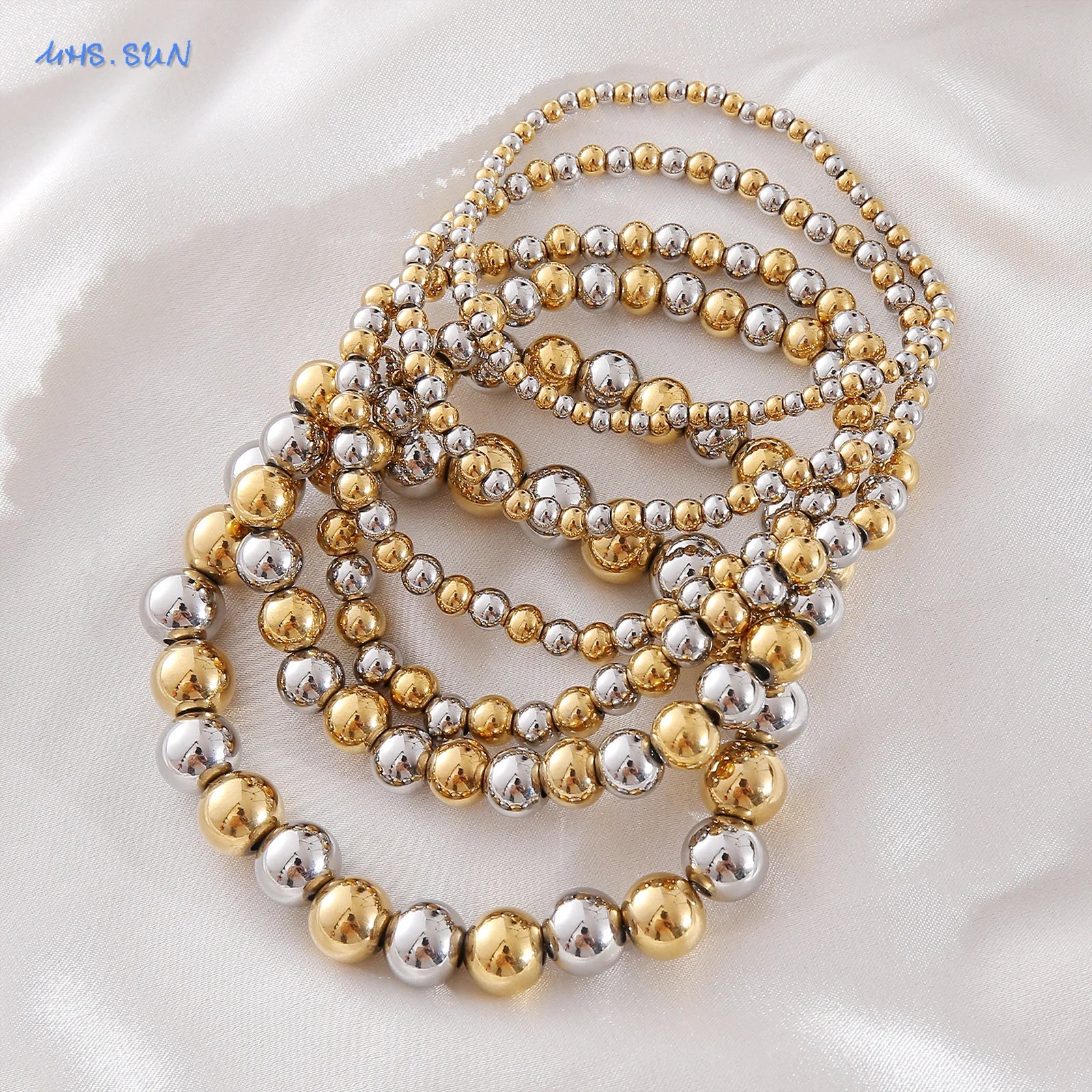 MHS.SUN Fashion Waterproof Smooth Stainless Steel Bracelets 2-10mm Elastic Beaded Gold Plated Stackable Bracelet Women Jewelry