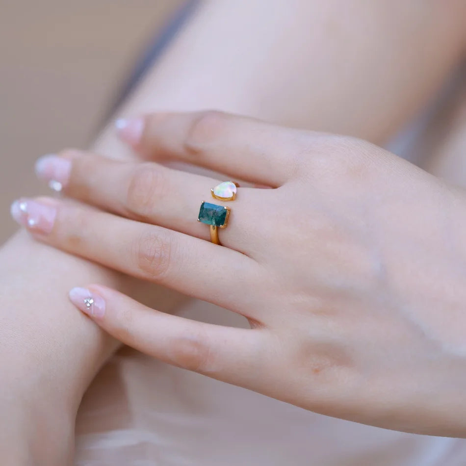 WES 925 Sterling Silver Open Ring for Woman Classic Unique Green Moss Agate Crystal Ring Engagement Gift Wholesale Oval Cut