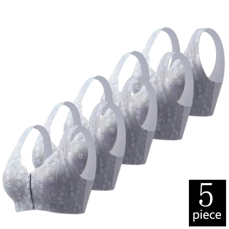 FallSweet 5PCS Front Closure Bra for Moms Lace  Seamless Push Up Brassiere Plus Size Wireless Brassiere for Middle-aged Women