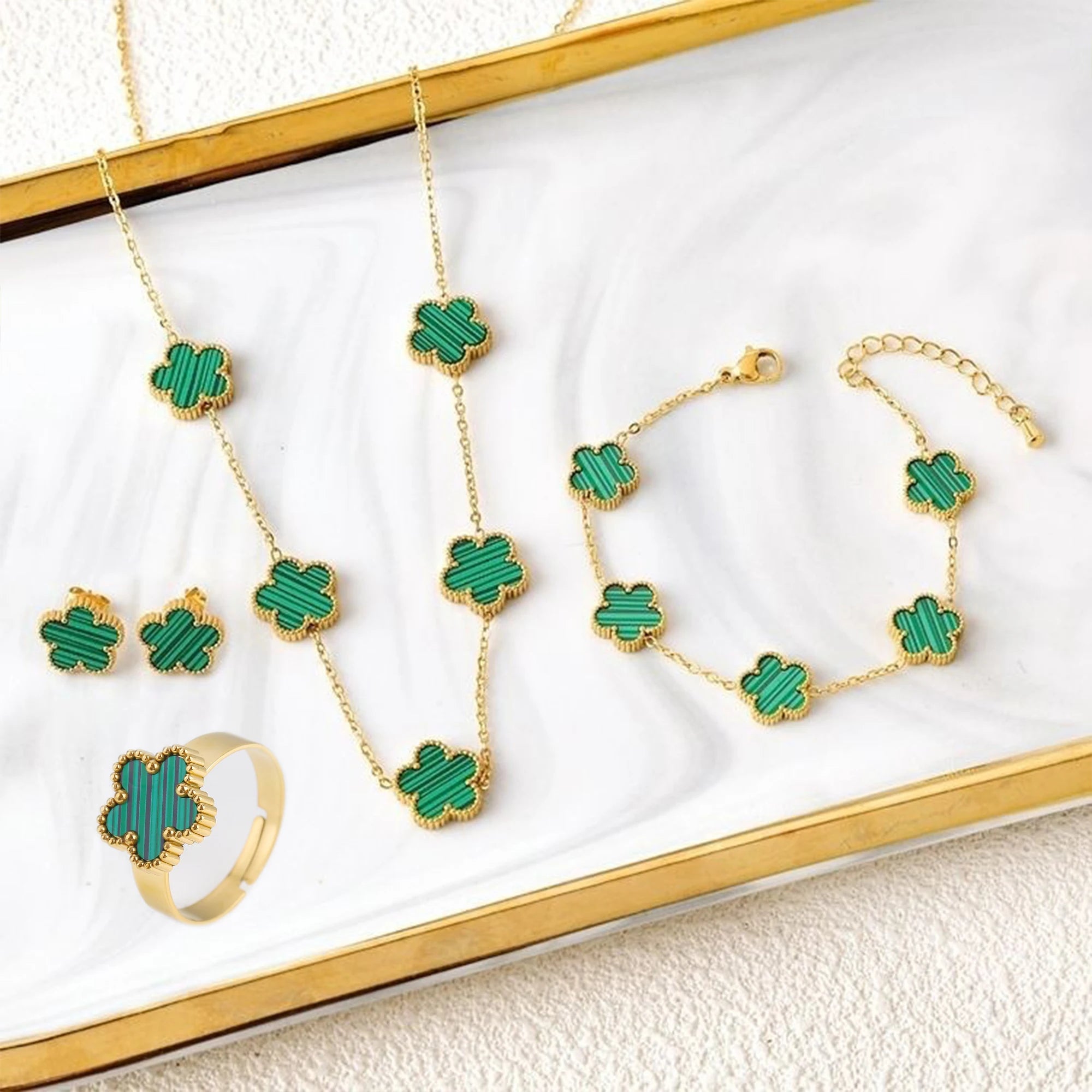 4pcs Bracelet Necklace Earrings Ring Stainless Steel Five Leaf Flower Jewelry Set Classic for Woman New Fashion Jewelry Clover