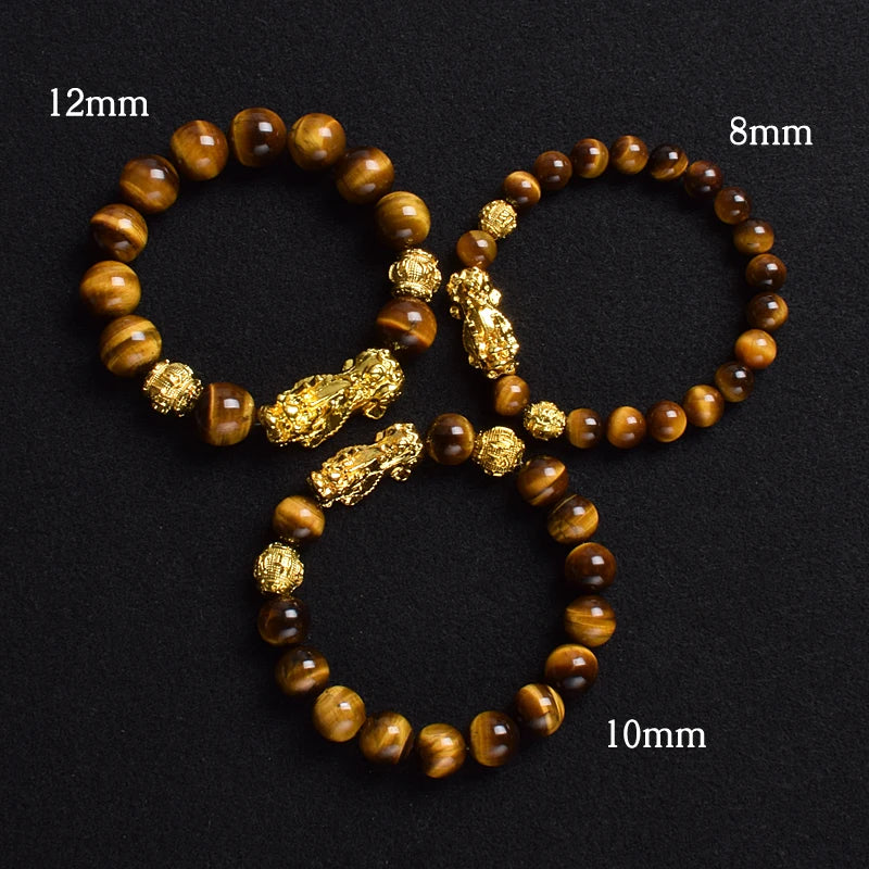 Pi Xiu Tiger Eye Stone Beads Bracelet Feng Shui Yellow Power Stone Women Men Elastic Jewelry Gold Color Pixiu Good Luck Bracelet