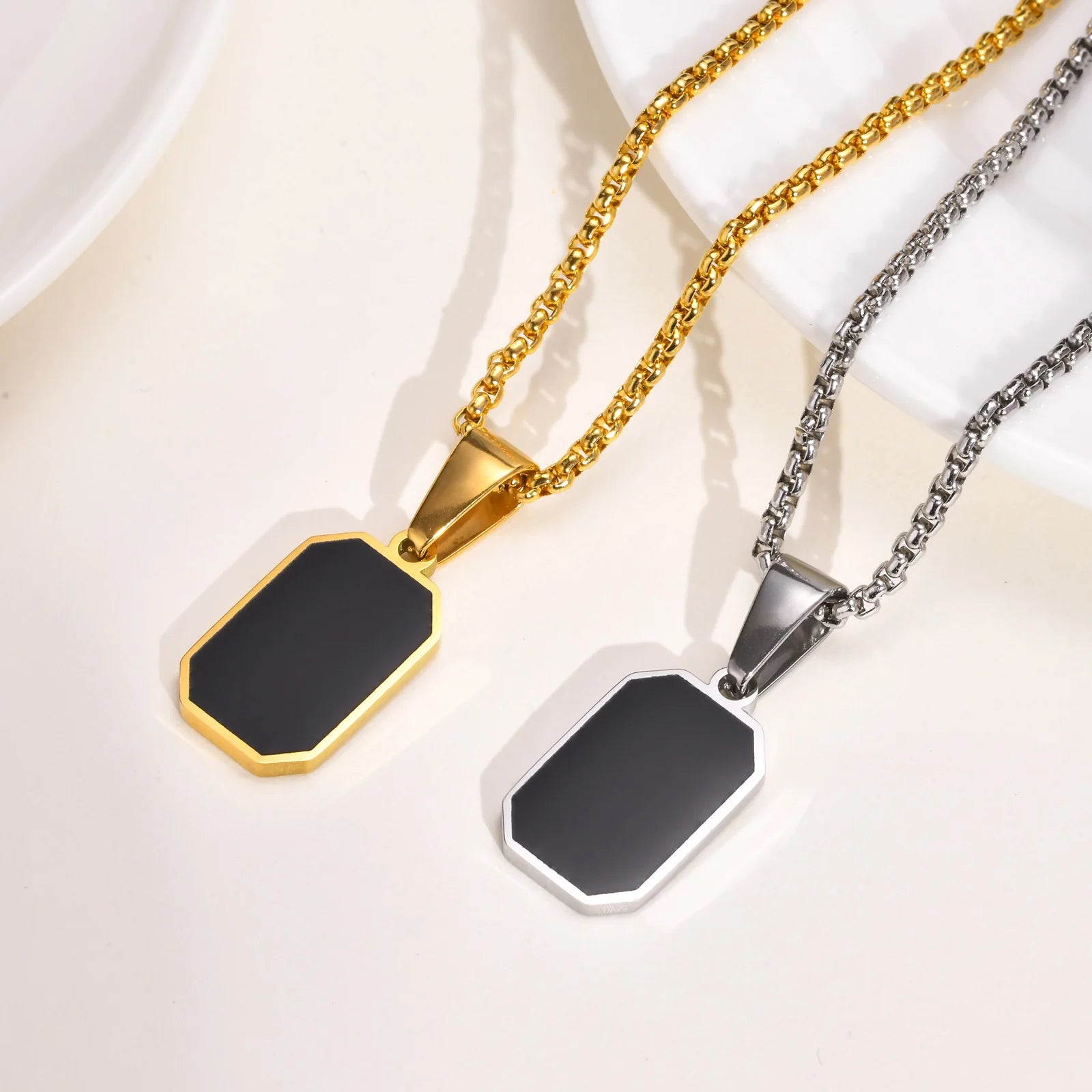 Casual Mens Geometric Square Necklaces,Black Enamel Rectangle Pendant with Rope Box Long Chain Collar,Stylish Jewelry Gifts