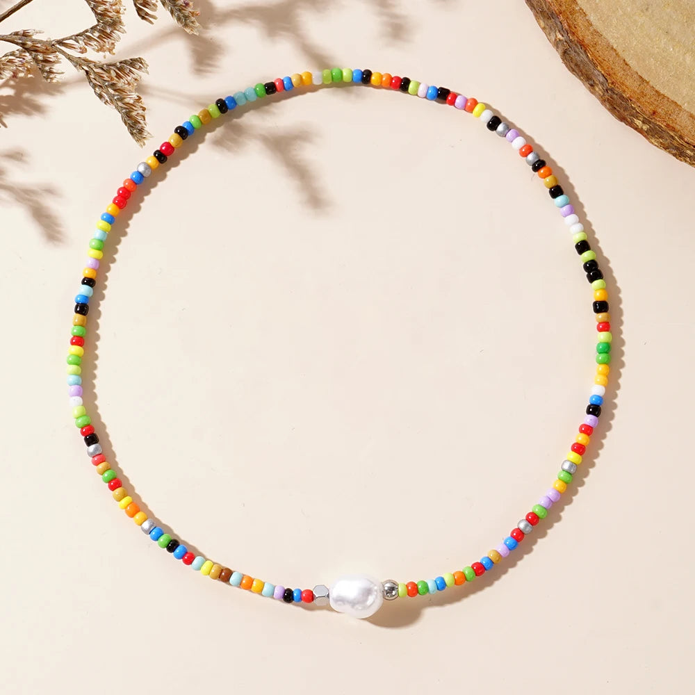1pc Summer Bohemian style special-shaped natural pearl colorful mixed color beaded anklet