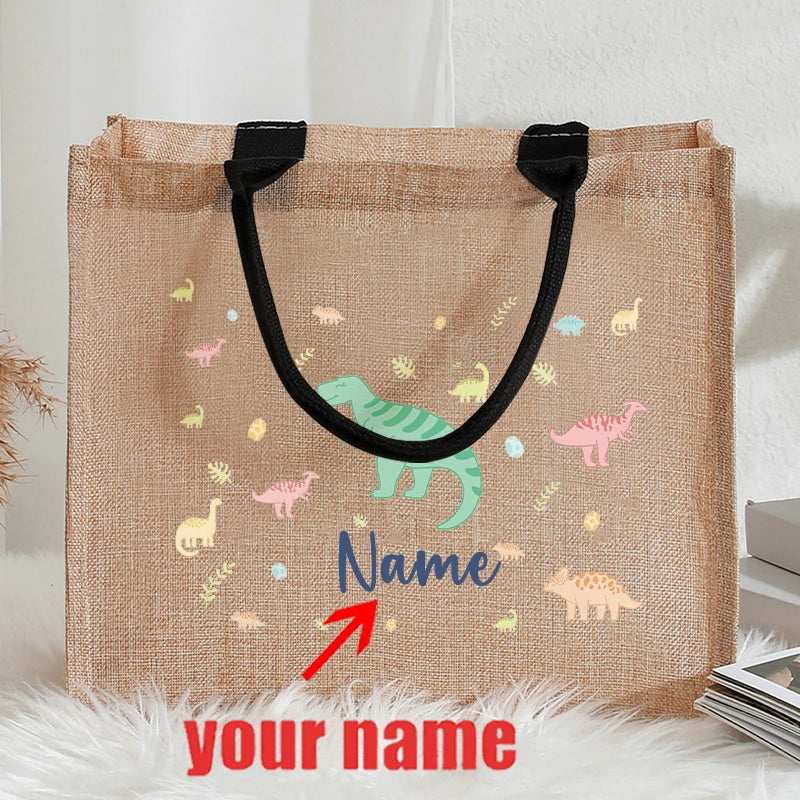 Customizable Name Pastel Dinosaur Vintage Circus Sea Animal Patterns Jute Tote with Hand Shopping Bag for Childrens Friends Gift