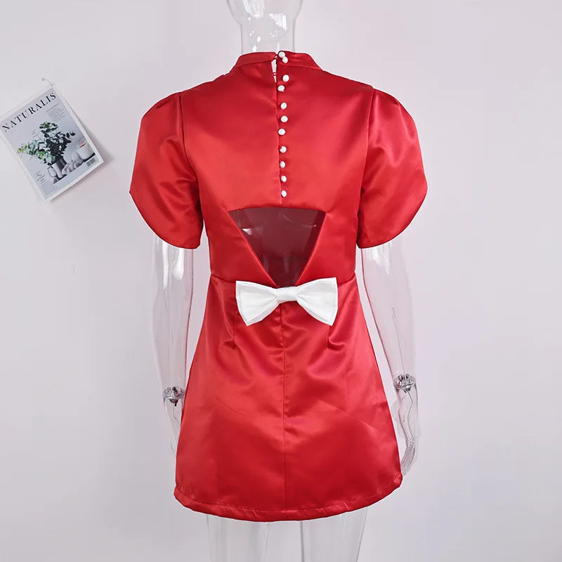 Elegant Bow Hollow Out Mini Dress - Short Sleeve A-Line Party Dress