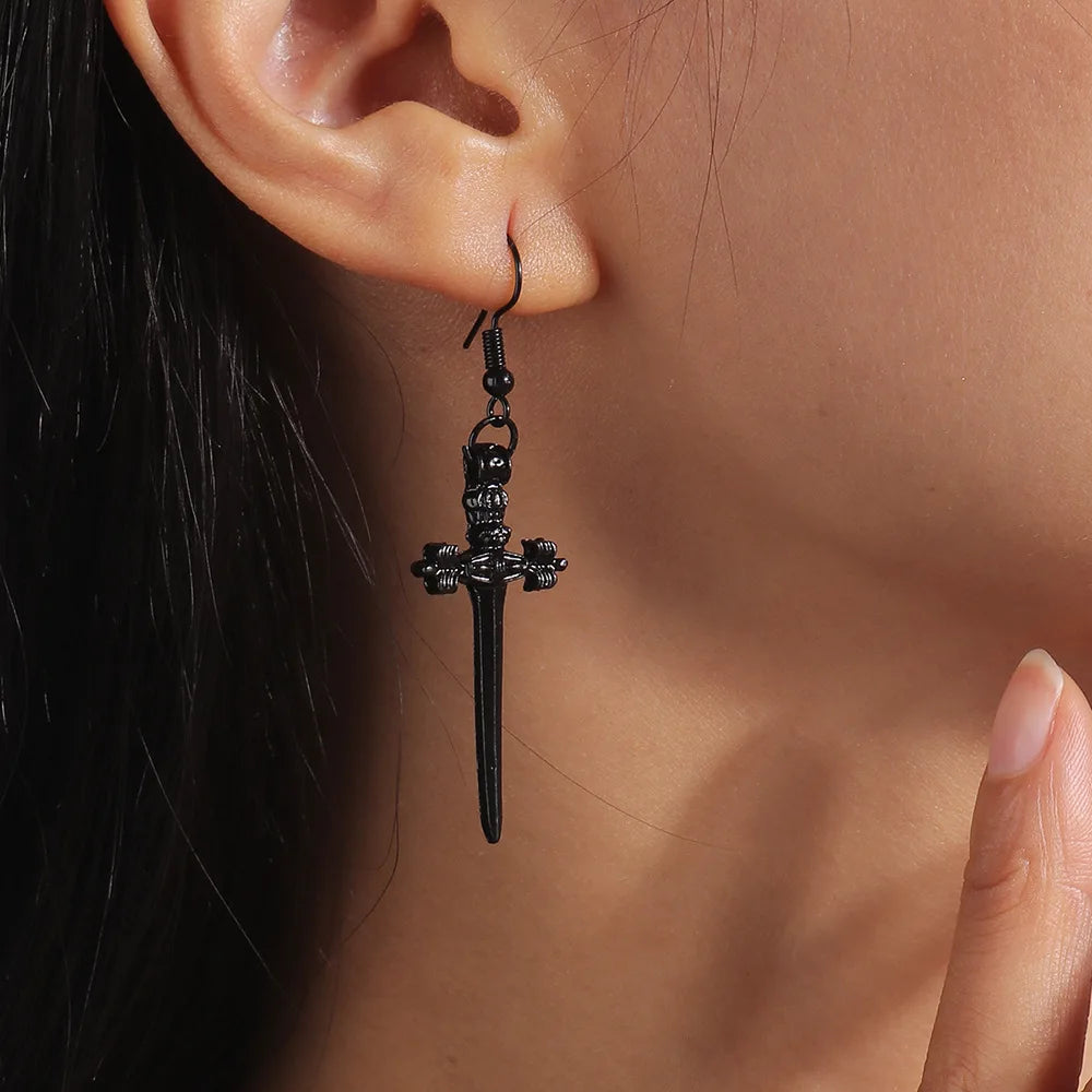 Aihua Gothic Vintage Sword Earrings For Women Man Fashion Punk Rock Party Jewelry Accessories Gift Fantasy Cross Dagger Earrings