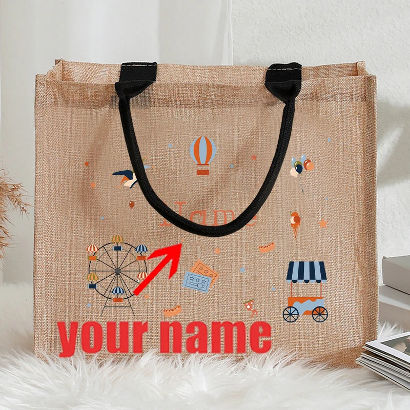Customizable Name Pastel Dinosaur Vintage Circus Sea Animal Patterns Jute Tote with Hand Shopping Bag for Childrens Friends Gift