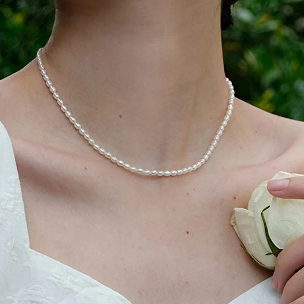 eManco 3MM Imitation Pearl Necklaces Oval White Stainless Steel Necklace Women's Collarbone Chain
