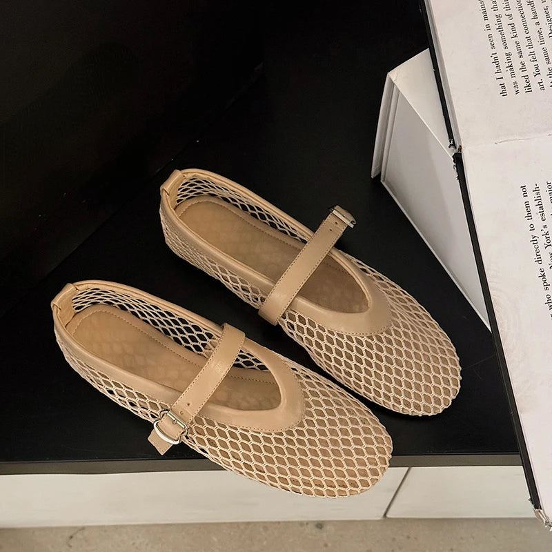 Summer Round Toe Mary Jane Shoes - Cut-Out Fishnet Casual Flats
