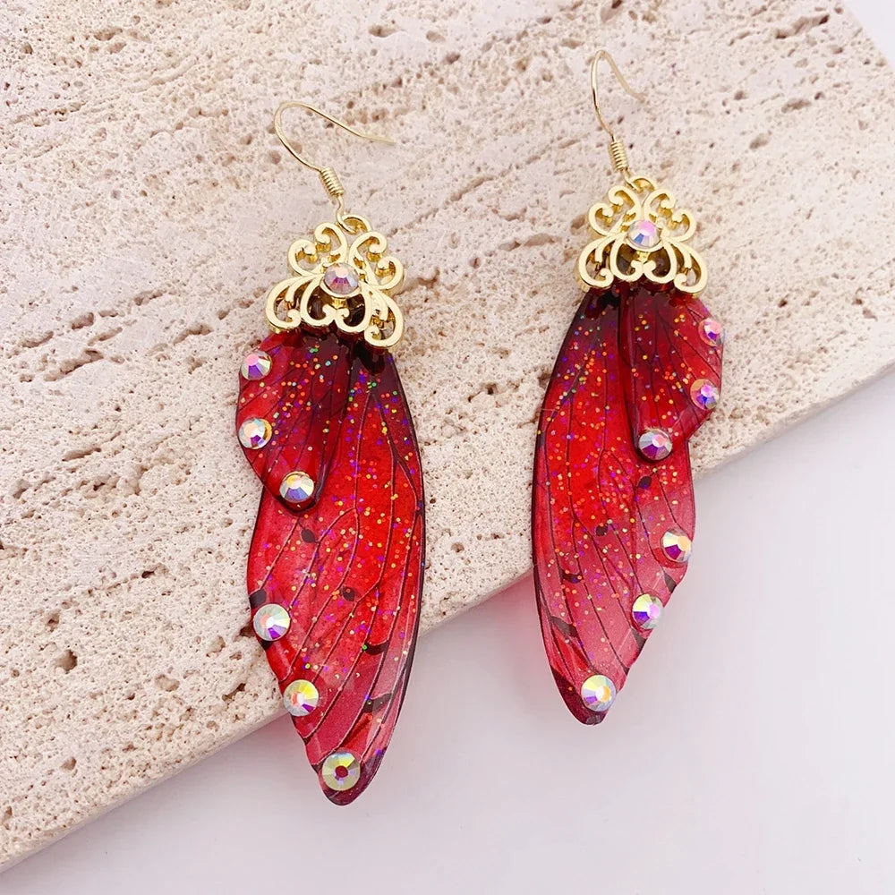 Handmade Fairy Simulation Wing Earrings Insect Butterfly Wing Drop Earrings Foil Rhinestone Earrings Romantic Bridal Jewelry