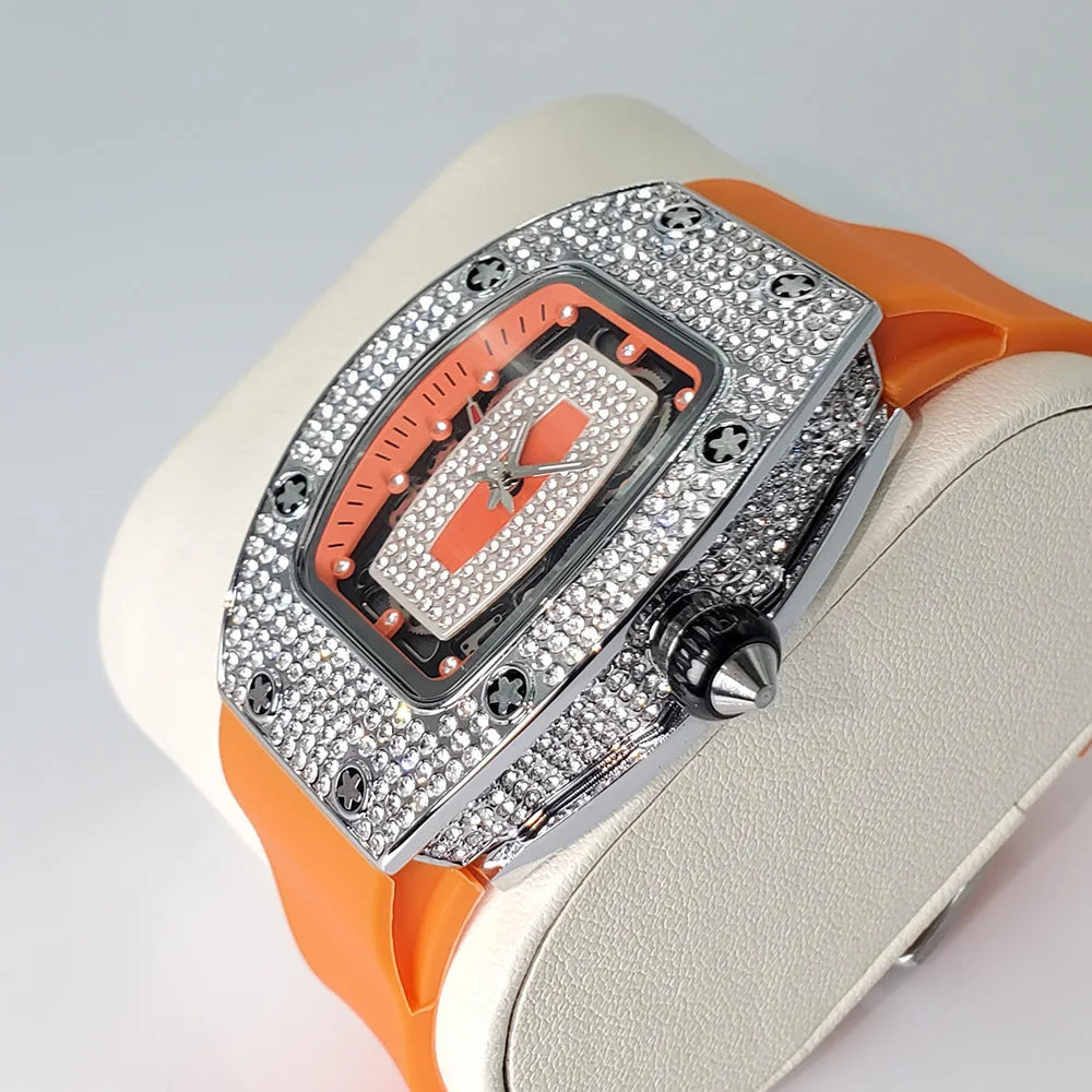Luxury Diamond Watch For Women Elegant Tonneau Original Design Watches Fashion Ice Out Sport Rubber Strap Waterproof Mille Clock