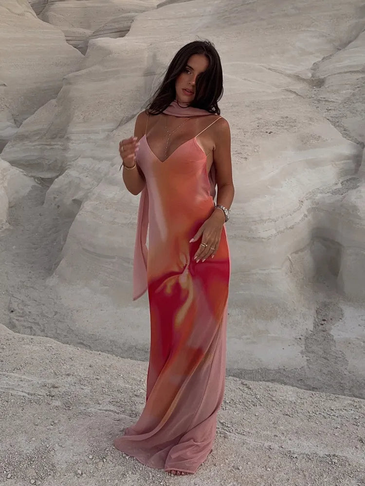 UNIZERA Scarf Printed Backless Long Dress 2025 Summer New Arrivals Women's Wear Elegant Satin Textured Dress