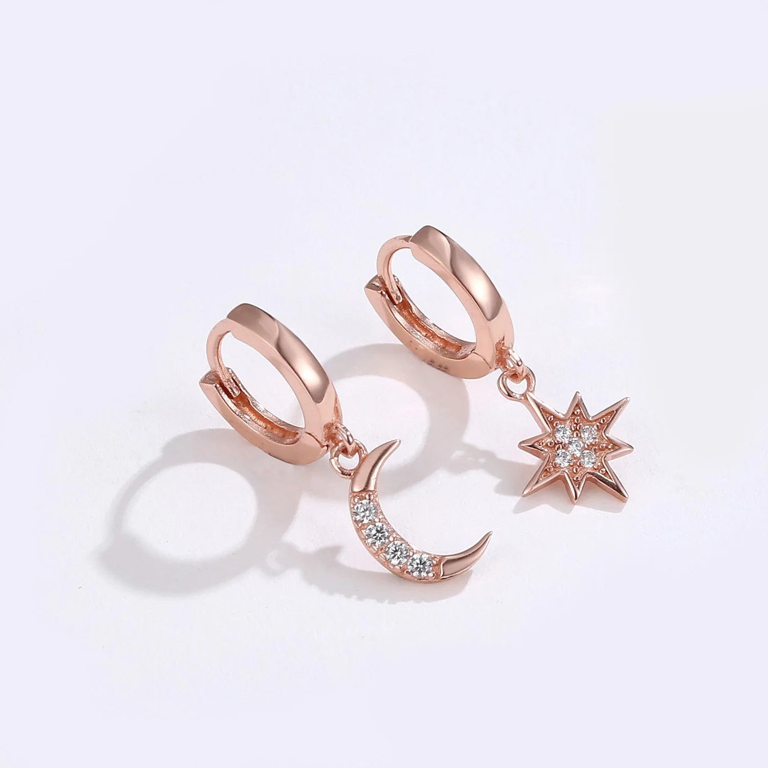 VENTFILLE 925 Sterling Silver CZ Star Moon Asymmetric Hoop Earrings for Women Girls Gold Silver Color Party Jewelry Gifts