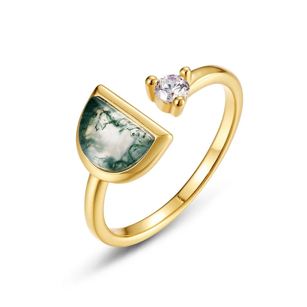 WES 925 Sterling Silver Open Ring for Woman Classic Unique Green Moss Agate Crystal Ring Engagement Gift Wholesale Oval Cut