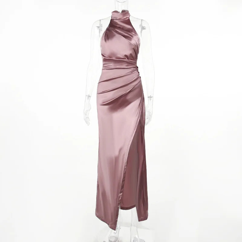 Sexy Satin Halter Dress - Ruched Slit Long Evening Gown