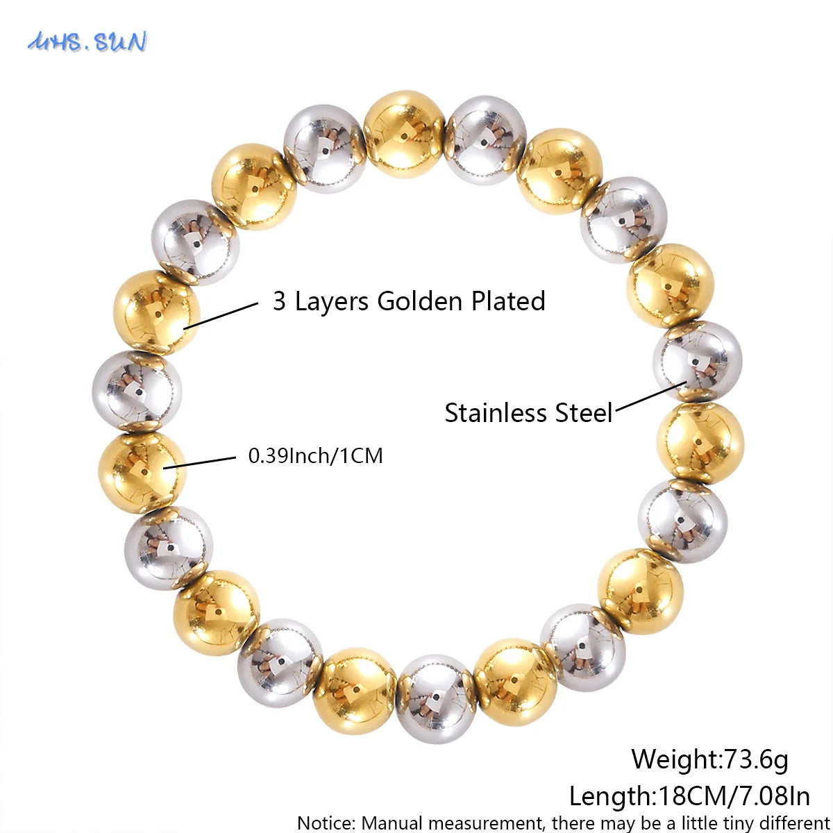 MHS.SUN Fashion Waterproof Smooth Stainless Steel Bracelets 2-10mm Elastic Beaded Gold Plated Stackable Bracelet Women Jewelry