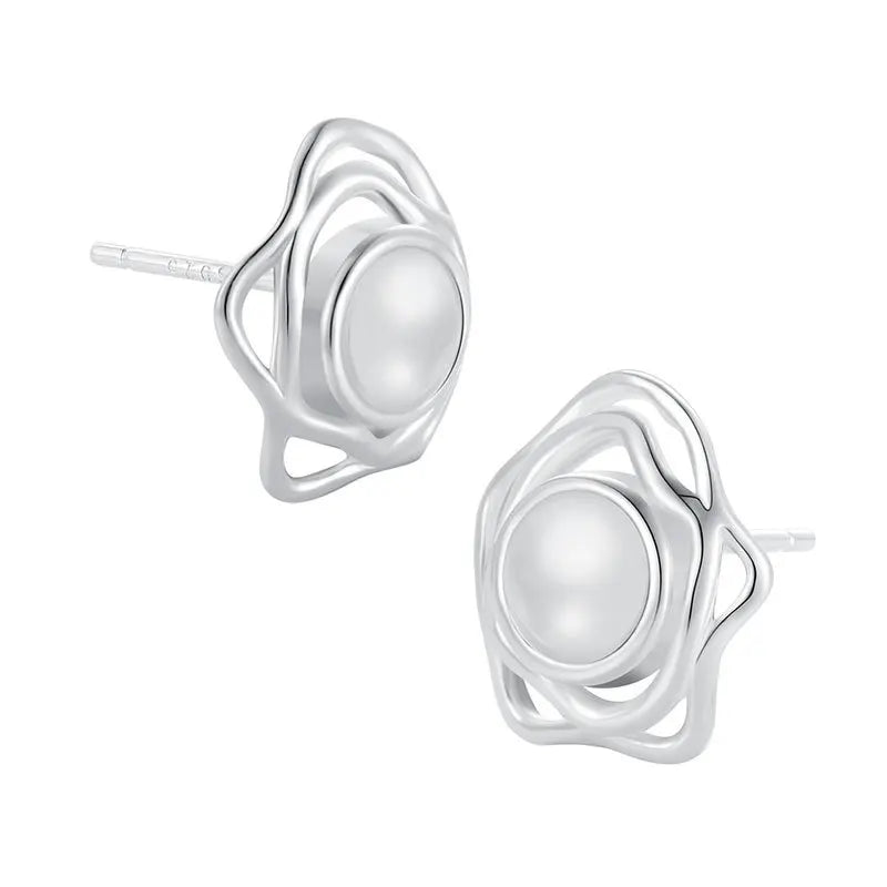 925 Sterling Silver Stud Earrings with Natural Onyx Stone Black and White Irregular Geometric Arc Design Stud Earrings for Women